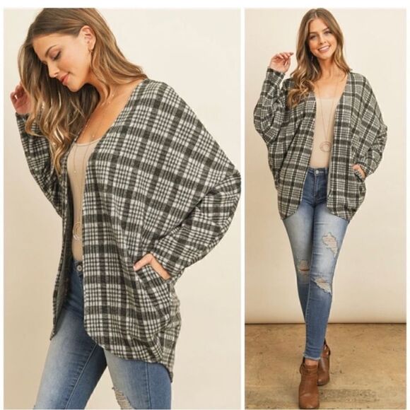 Riah Fashion Gray Open Plaid Cardigan with Pockets L - Picture 5 of 13
